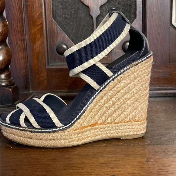 Tory Burch Contrast Elastic Espadrille Navy Cream Women's Size 6 - Picture 2 of 5